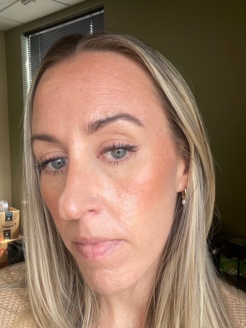 Tower 28 Tinted Sunscreen Foundation on Cates face